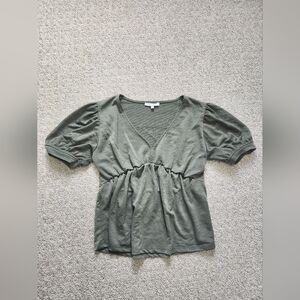 gb fashion London Green Babydoll V Neck Puffed Sleeve Blouse Top Size Medium
